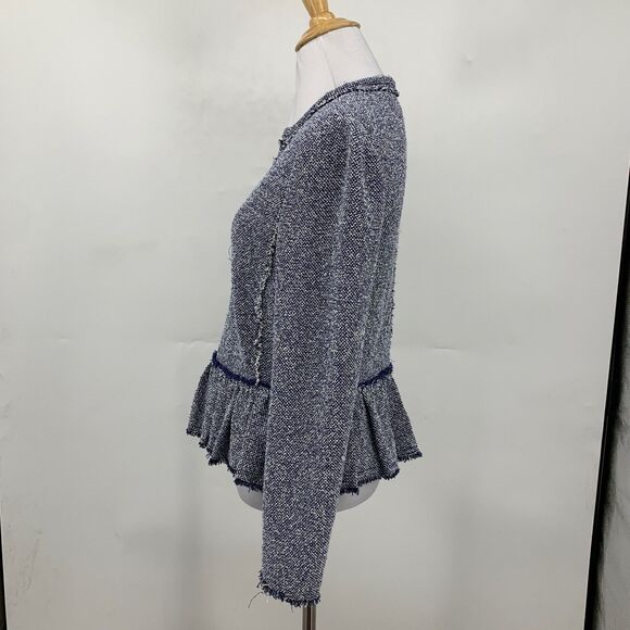 Rebecca Taylor Jacket Womens 4 Blue White Tweed Fringed Trim Full Zip Peplum - Picture 4 of 11